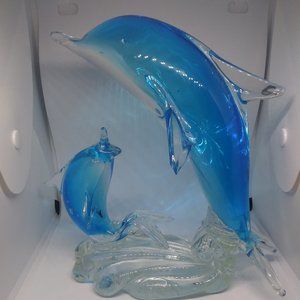 Murano Style Art Glass Dolphins on Wave